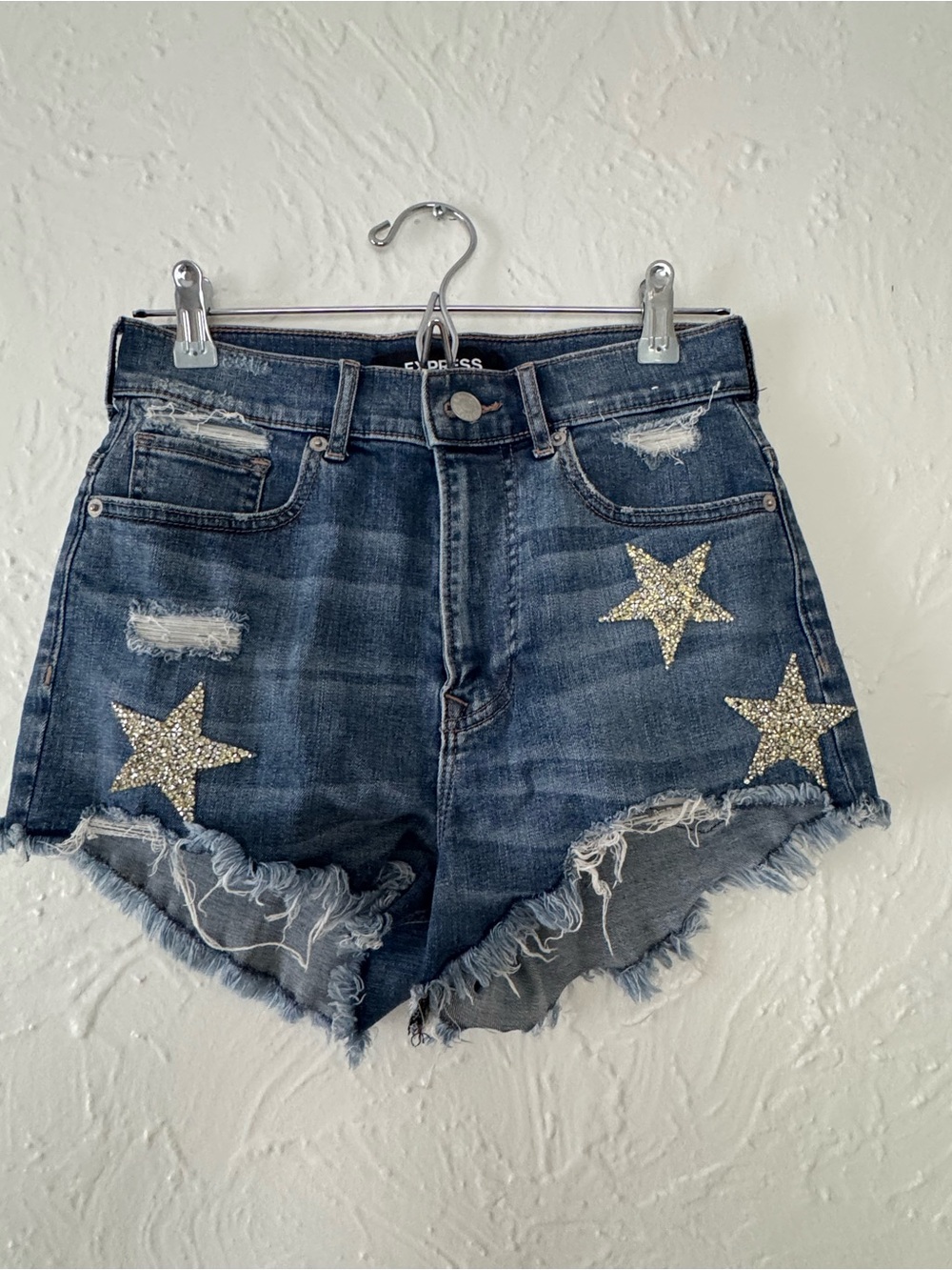 Express Dark Wash Denim Shorts with Gold Star Embellishments